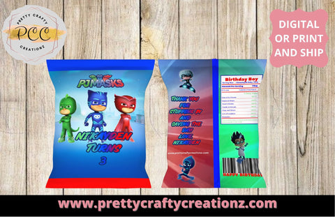 DIGITAL PJ Masks Chip Bags/ Party Favor/ Birthday Chip Bag/ PJ Masks Themed - Pretty Crafty Creationz